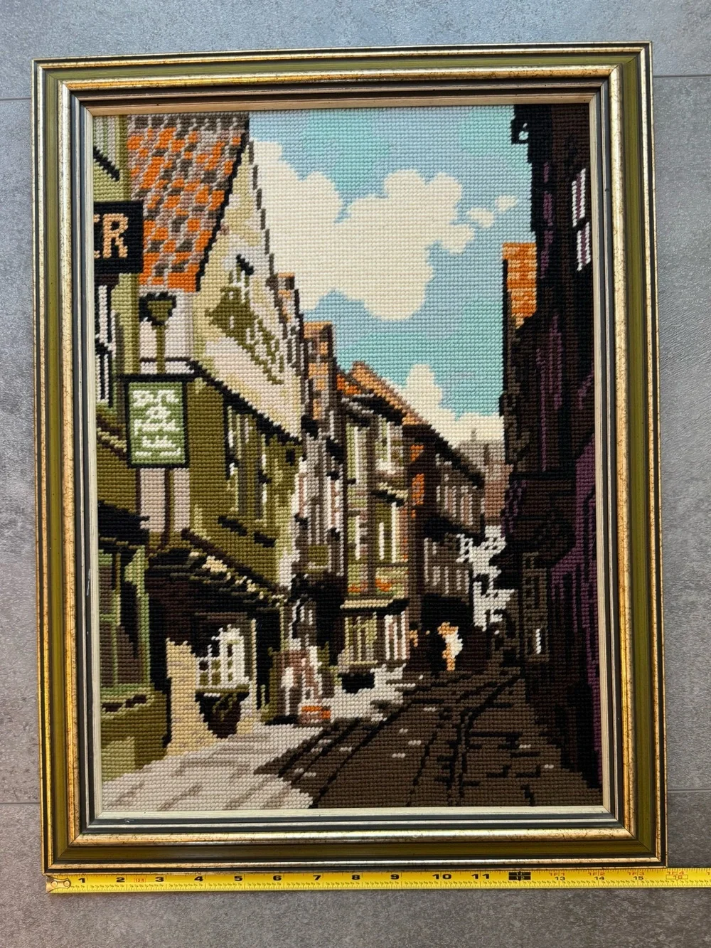 Vintage Needlepoint Street Scene Wall Art in Blue, Green, Brown